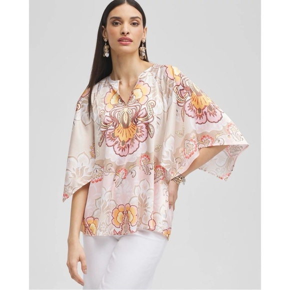 Chico's Tops - Chico's Pastel Scarf Print Satin Floral Keyhole Blouse Top 0 Small 4